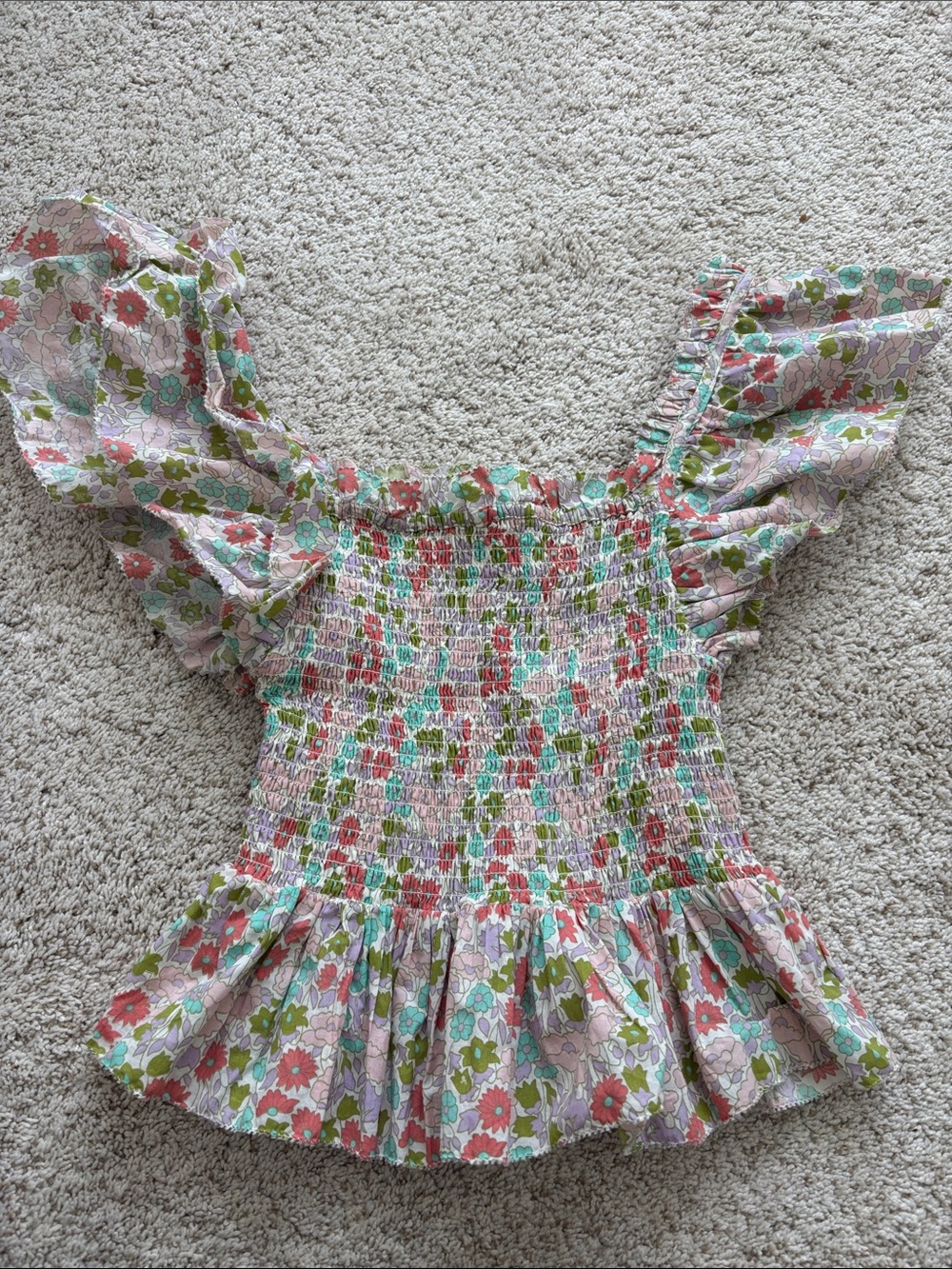 Love the label/floral Smocked Peplum Top -Pink Multicolor-semi off the shoulder